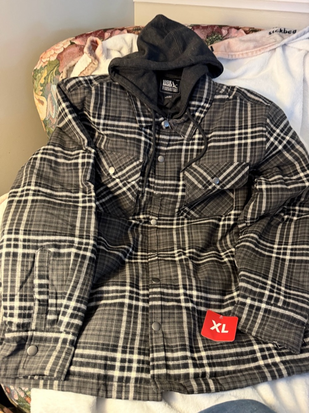 Eddie Bauer Gray Plaid Hooded Flannel Shirt Jacket